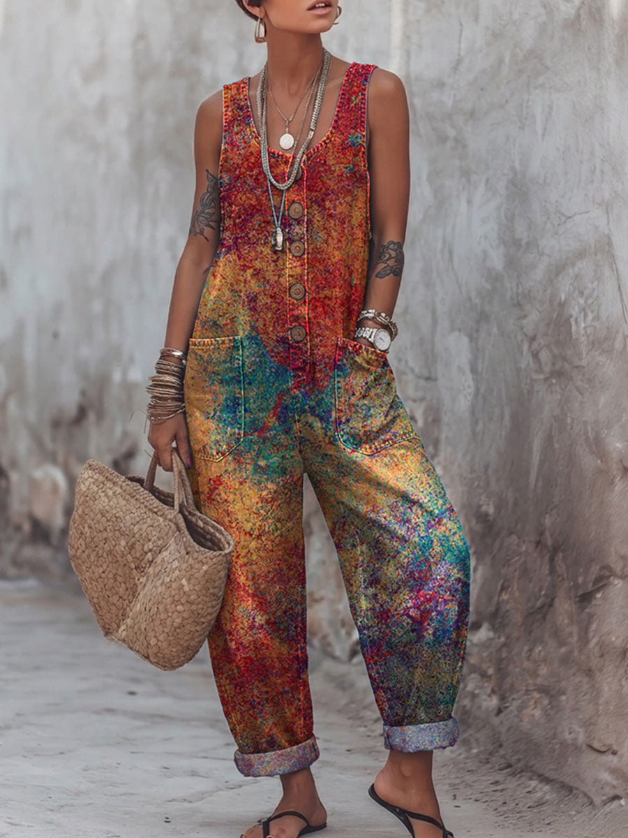 Women's Vintage Art Print Casual Jumpsuit