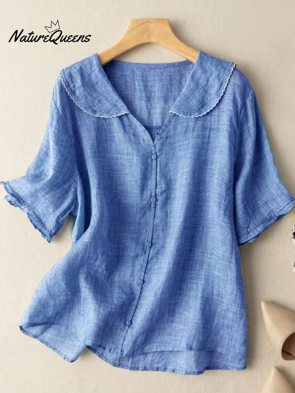 Cotton And Linen Retro Short Sleeved Navy Doll Collar Thin Shirt
