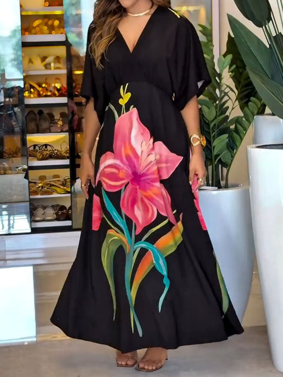 Women's V-neck Short-sleeve A-line Dress — Relaxed Fit With Placement Print