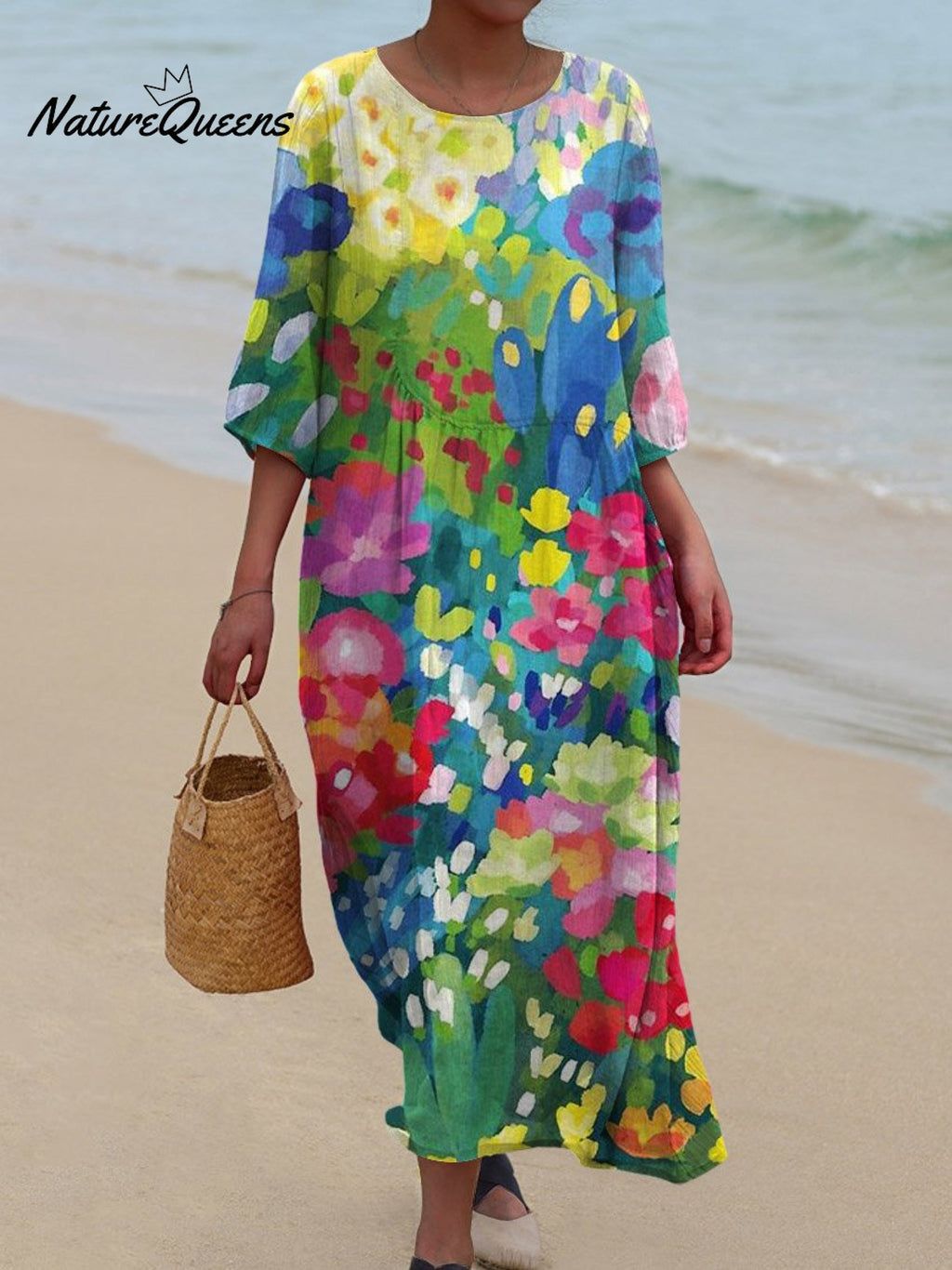 Women's Vintage Lovely Floral Art Print Pocket Cotton Dress