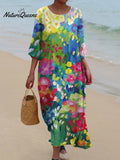 Women's Vintage Lovely Floral Art Print Pocket Cotton Dress