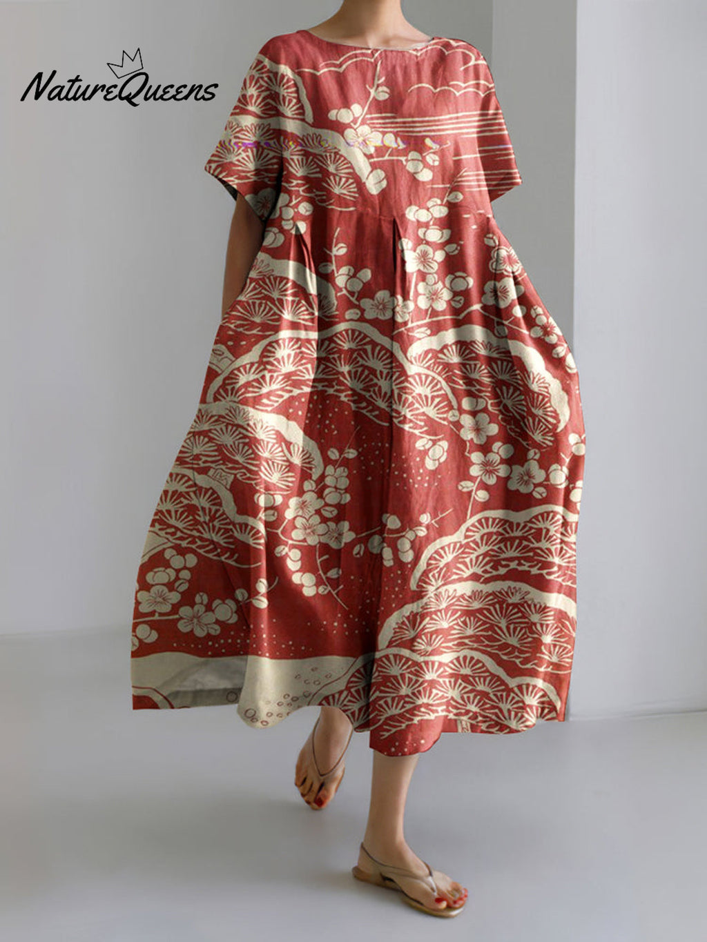 Japanese Art Plum Blossom Printed Crew Neck Casual Midi Dress