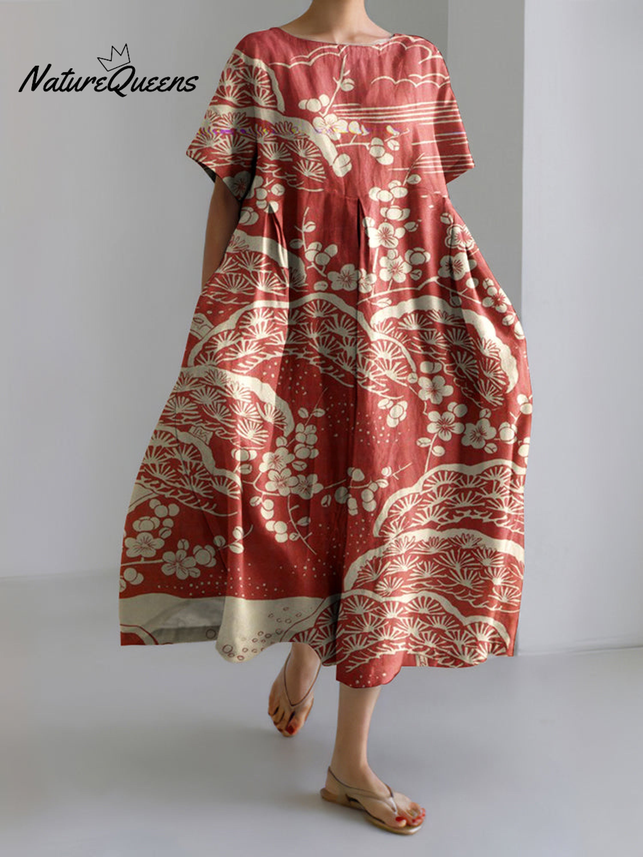 Japanese Art Plum Blossom Printed Crew Neck Casual Midi Dress