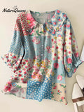 Women's Vintage Floral Patchwork Pattern Art Print Casual Peter Pan Collar Cotton Shirt