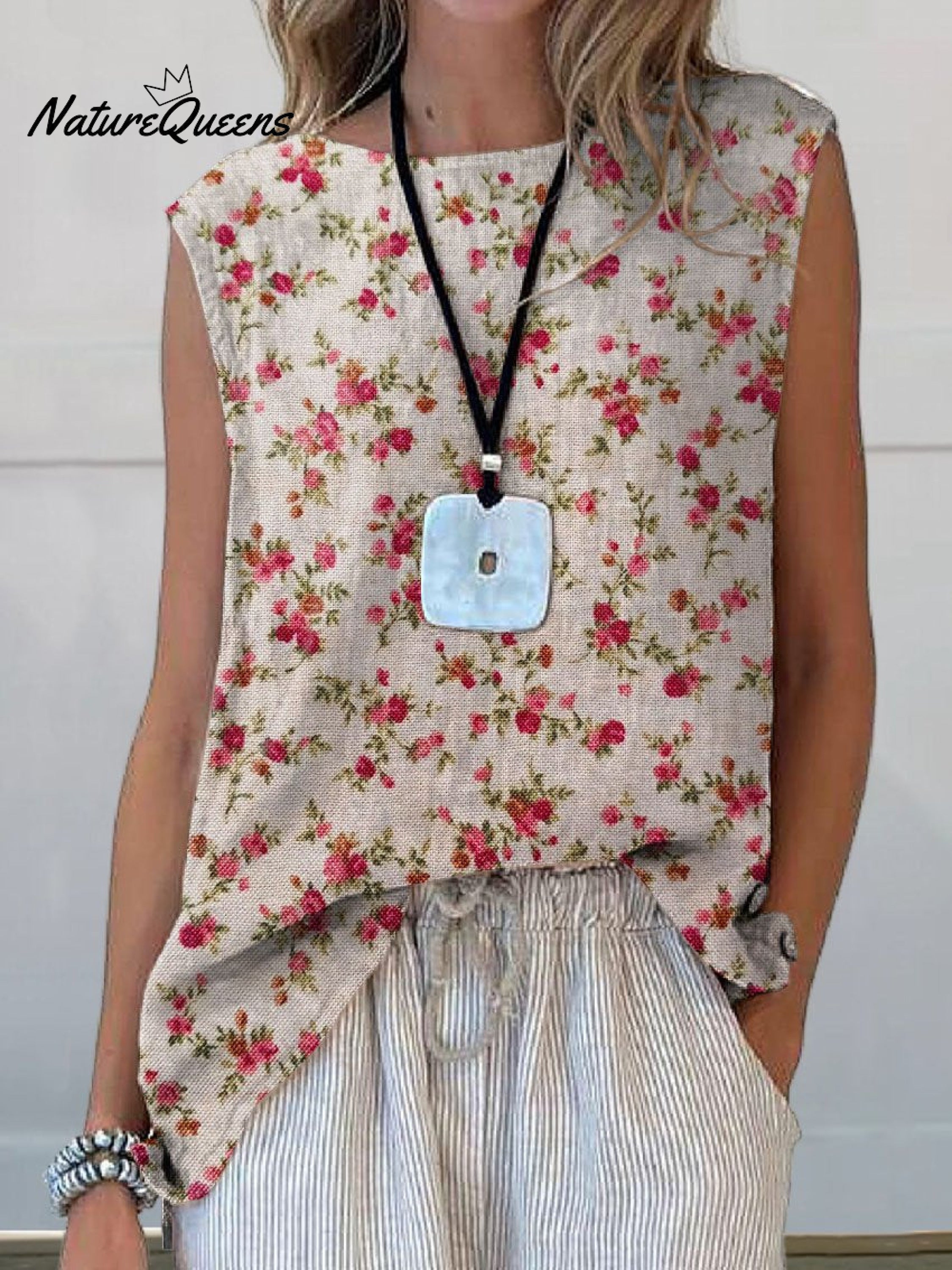 Women's Vintage Elegant Floral Art Print CasualCotton And Linen Tank Top