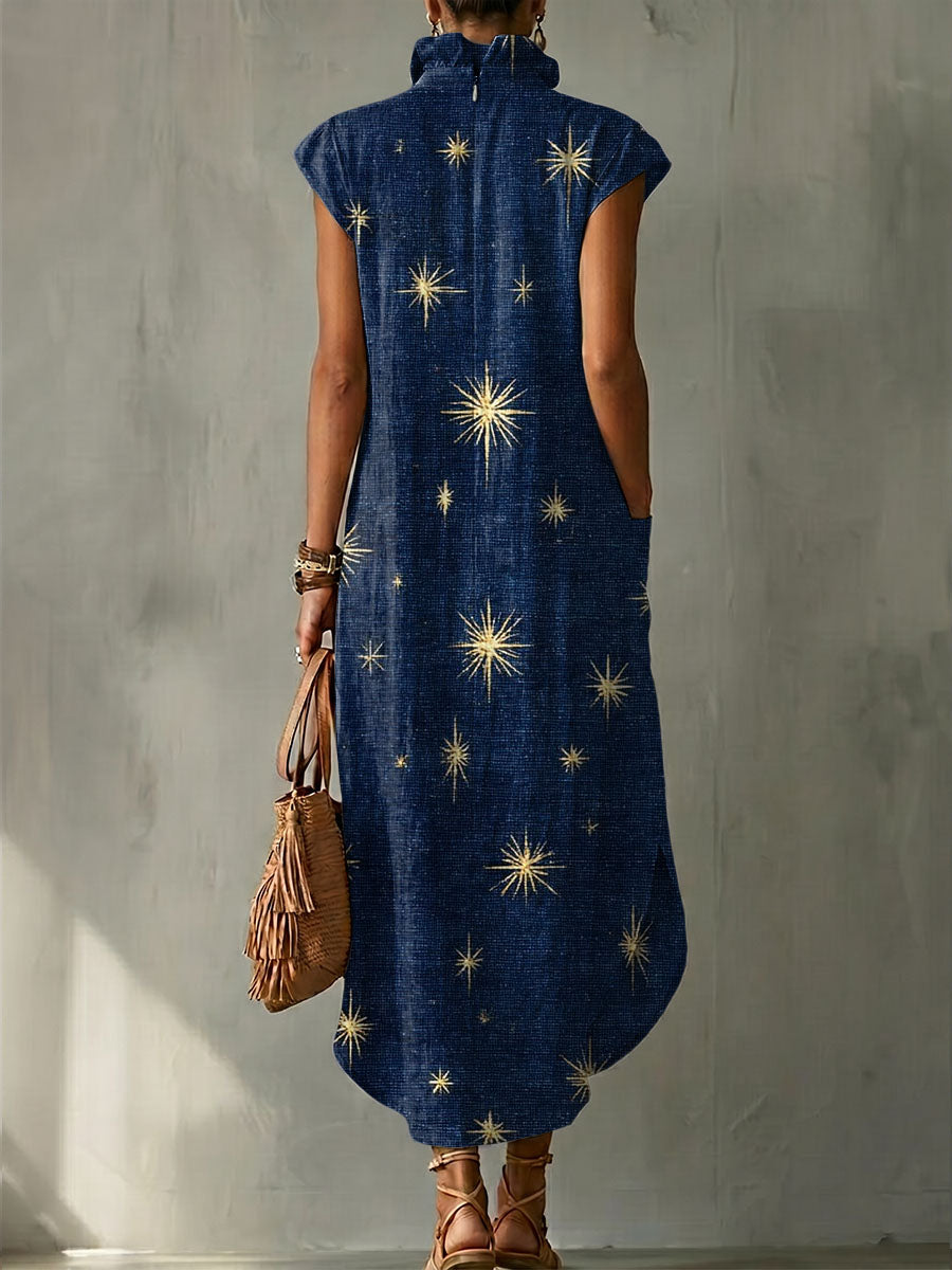 Mystical Astrological Starry Sky Decorative Pattern Women's No Sleeve Linen Cotton Dress