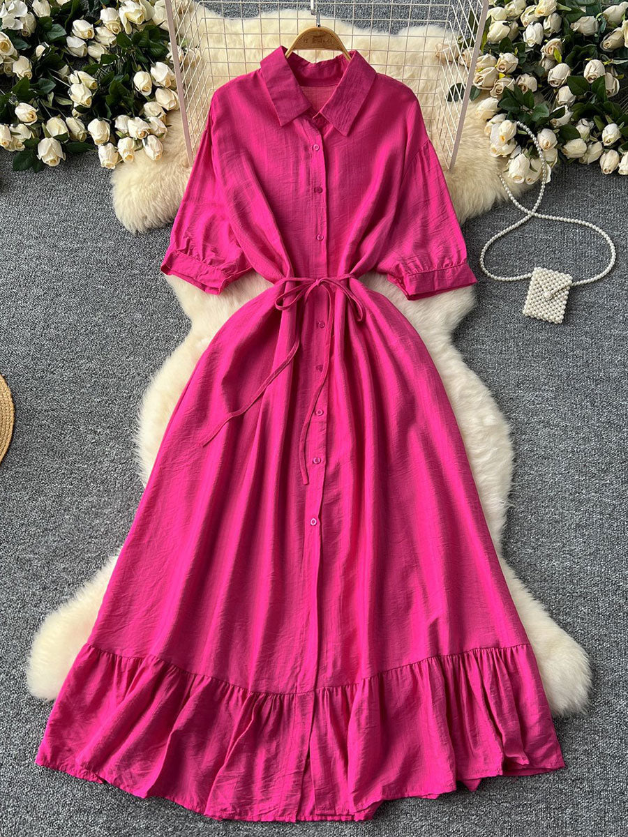 Women's Polo Collar Half Sleeves Single-breasted Waist-cinching Ruffles Midi Dress