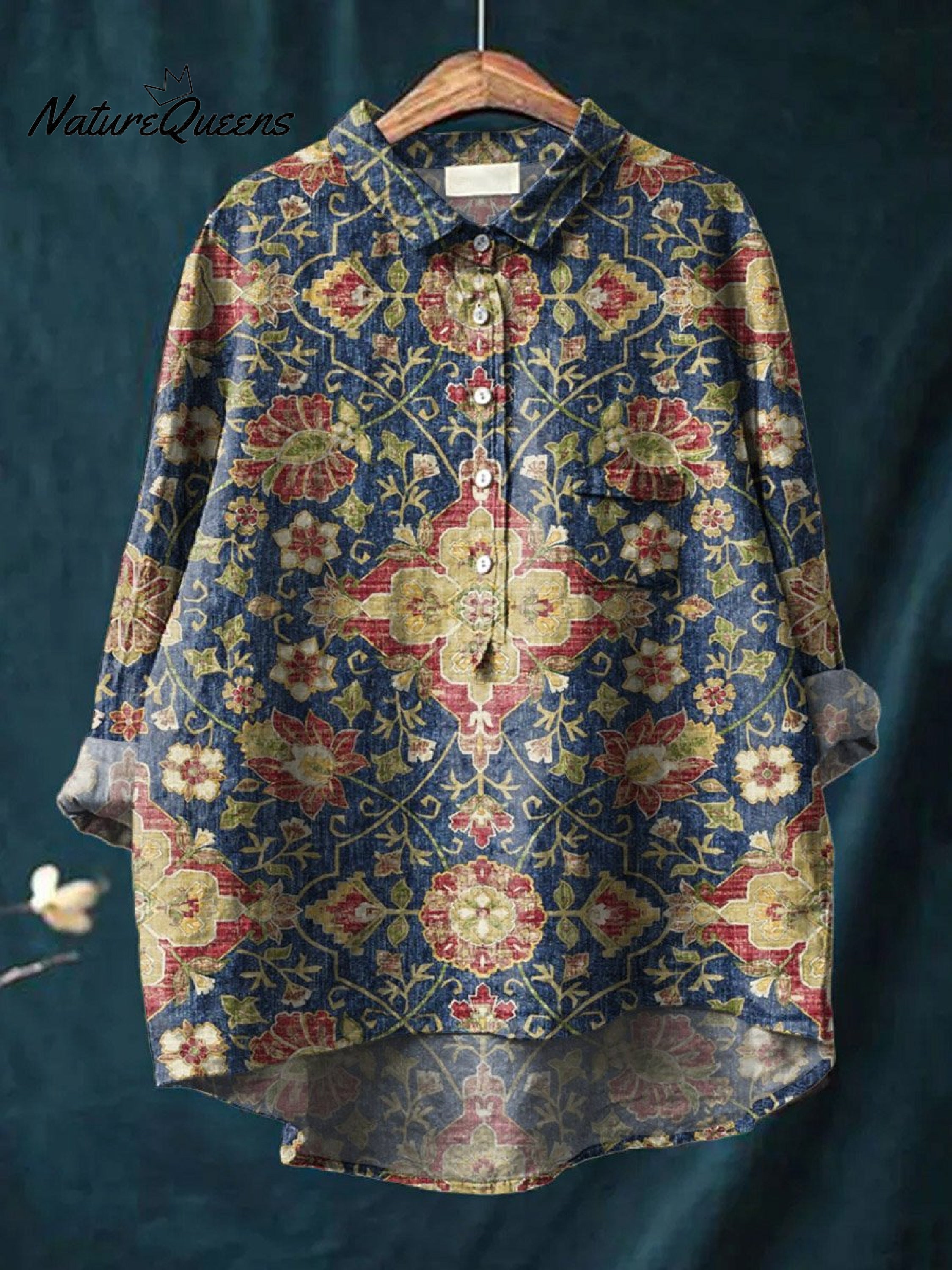 Vintage Ethnic Floral Art Print Casual Cotton And Linen Shirt