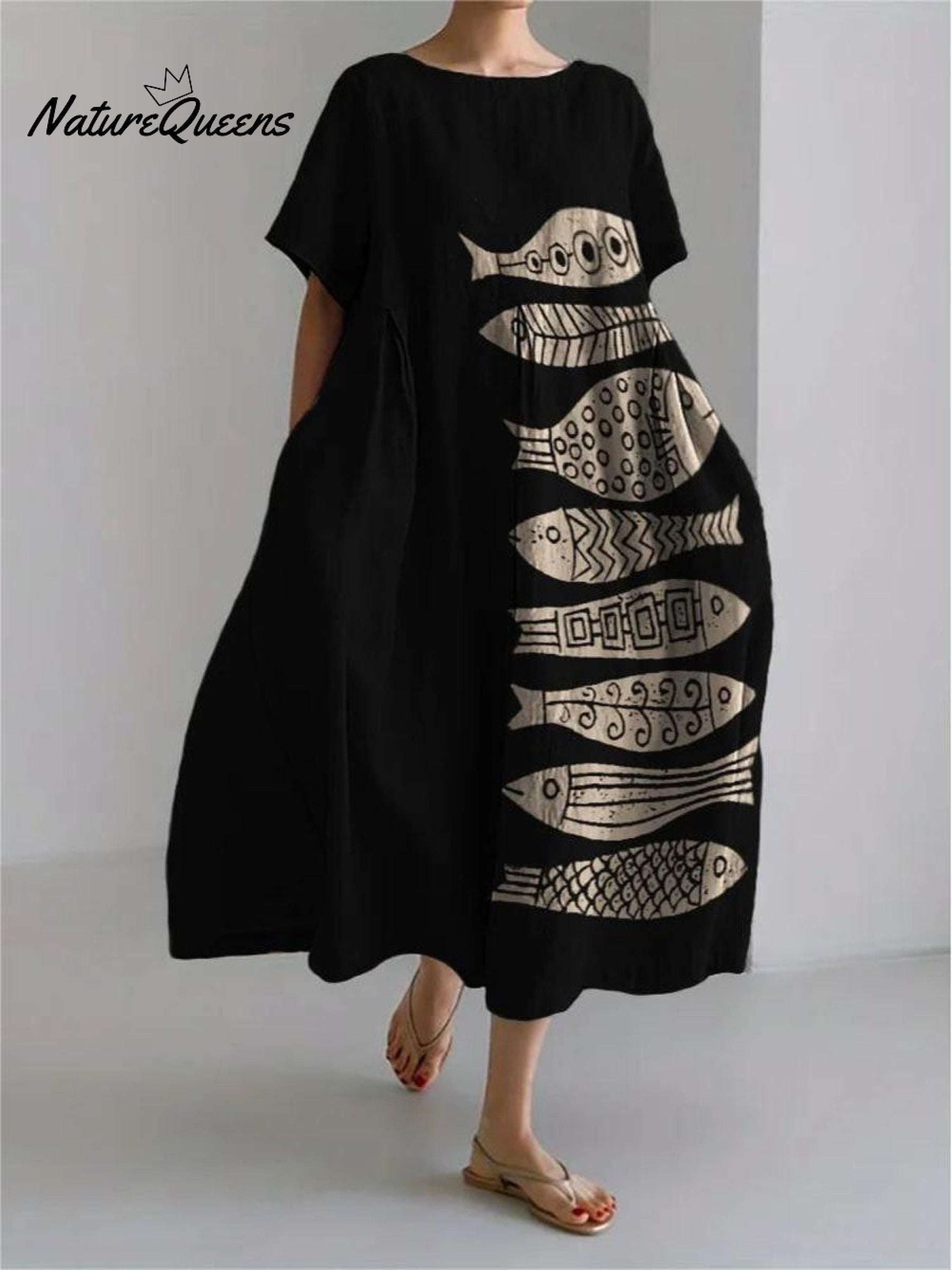 Women's Vintage Lovely Fish Art Print Large Size Loose Casual Dress