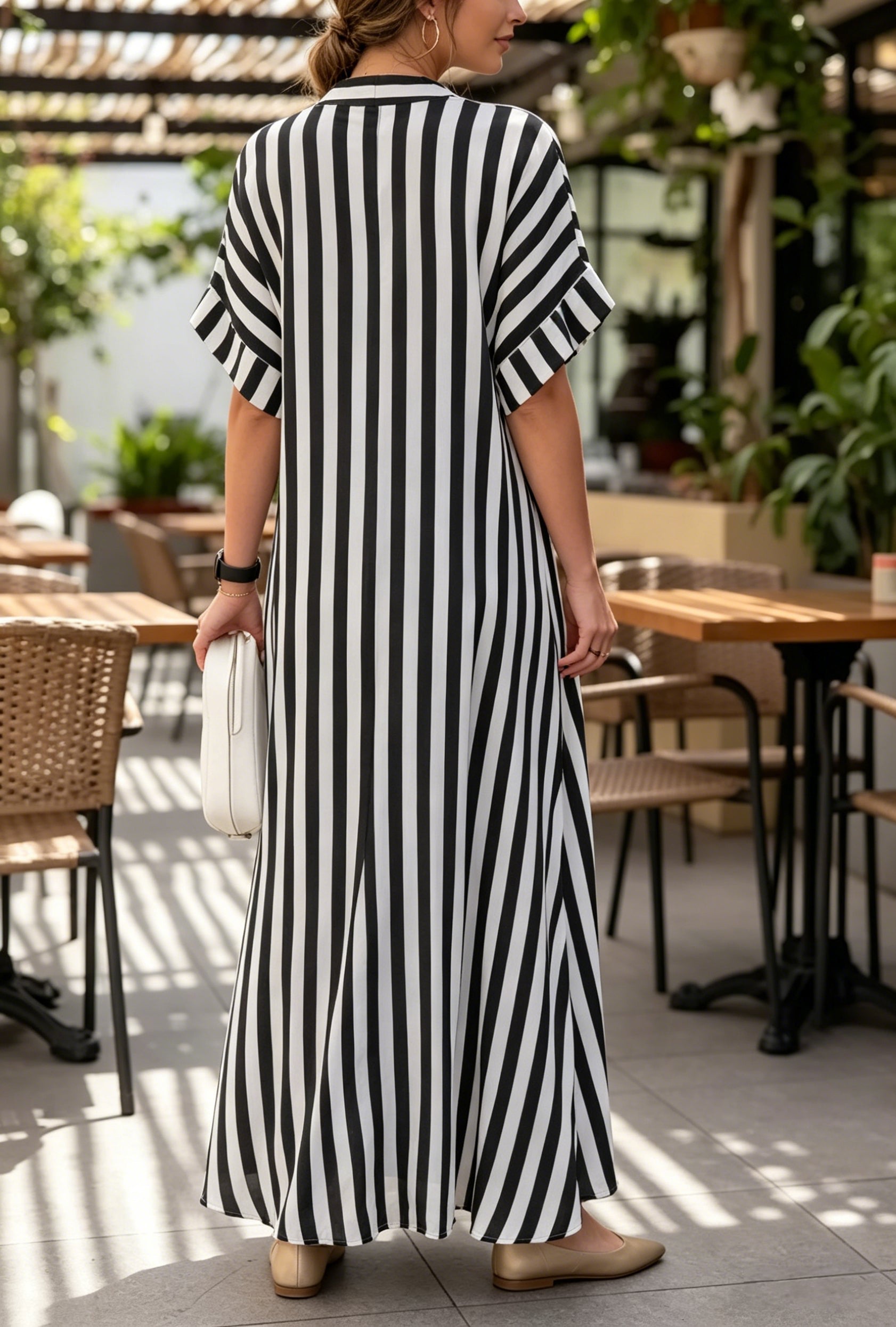 Striped V-neck Loose-fit Batwing-sleeve Maxi Dress