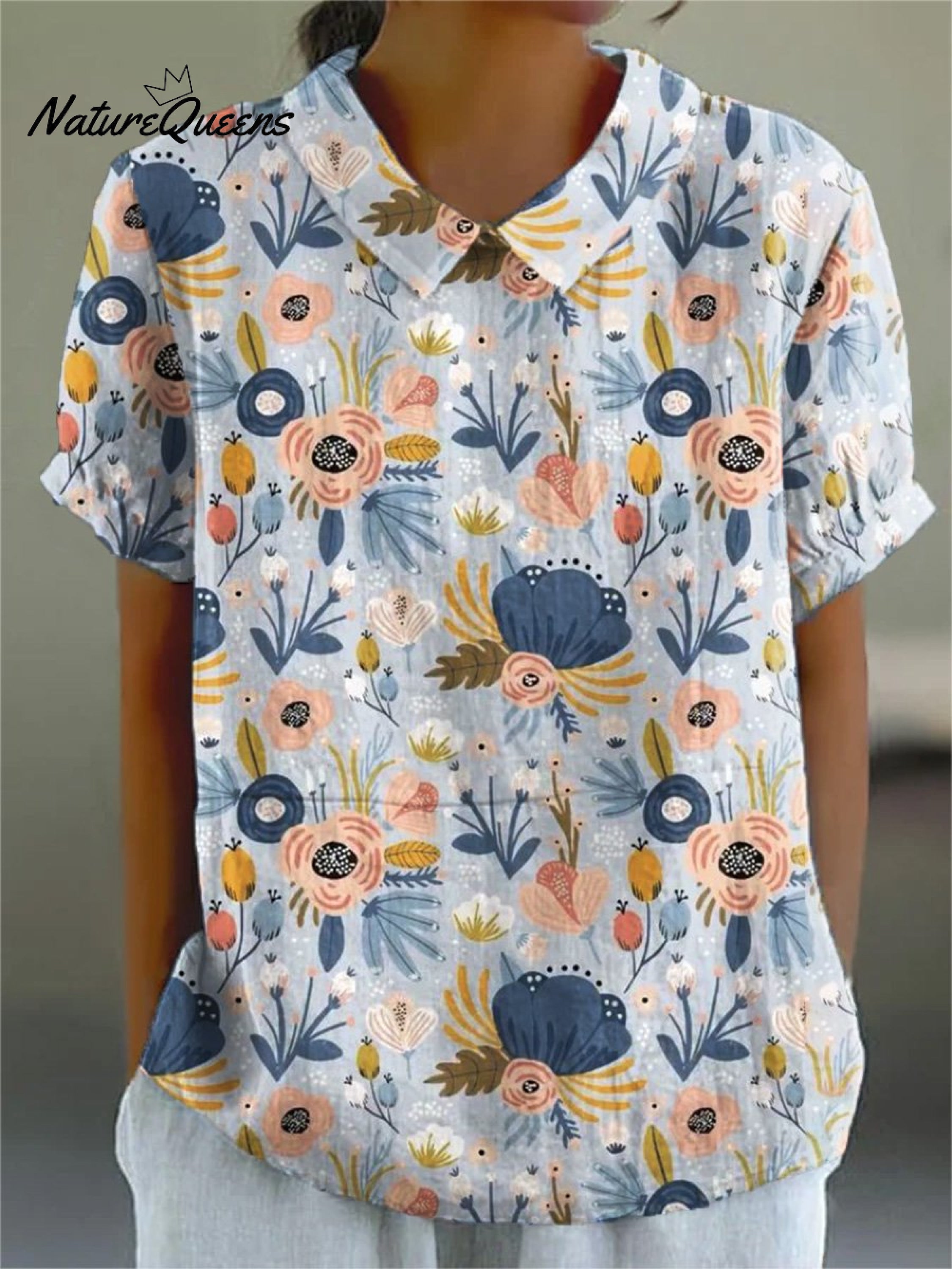Women'sFlowerArt Print Casual Cotton And Linen Shirt