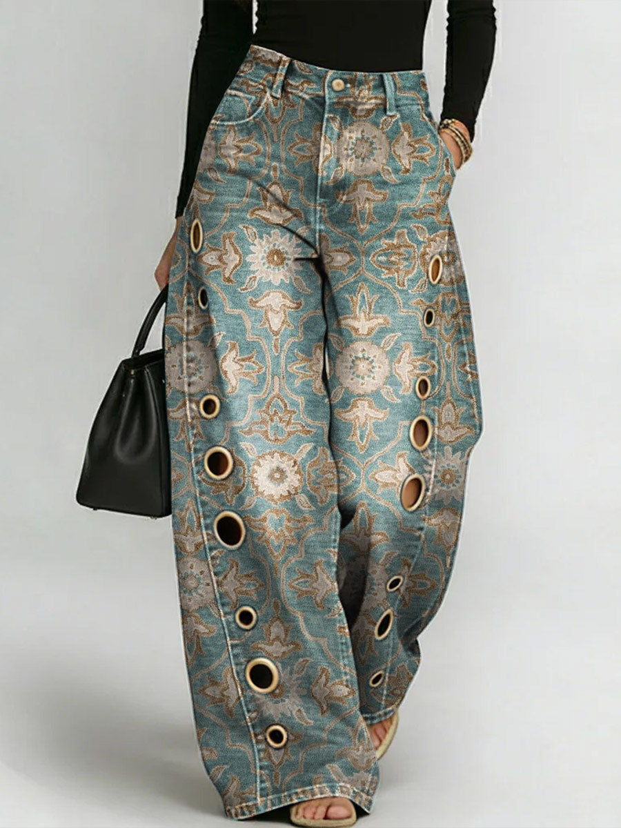 Women's RetroPrint Casual Fashion Cutout Jeans
