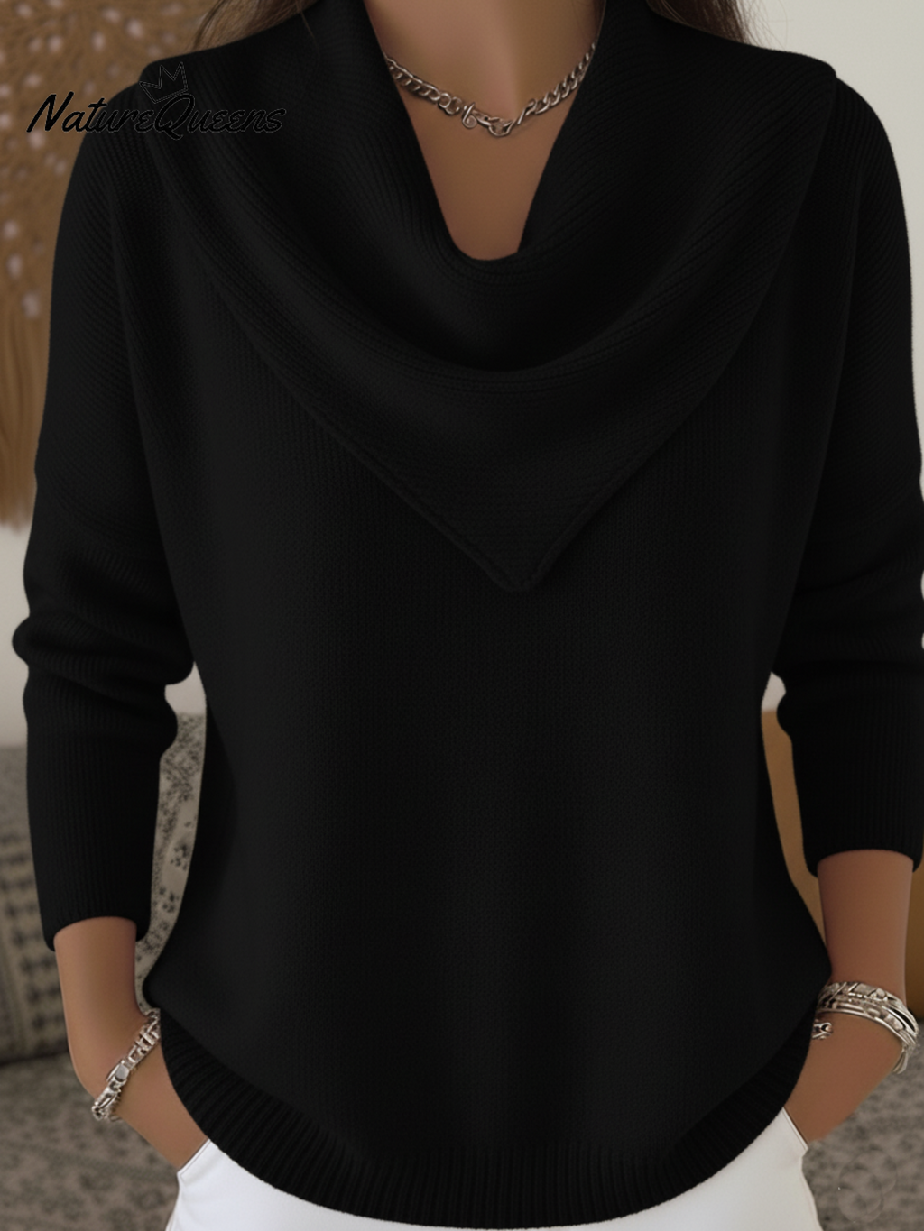 Elegant Retro Soft Triangle Neck Solid Color Sweater Top