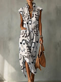Musical Note Decorative Pattern Women's Casual No Sleeve Bud Collar Linen Cotton Dress
