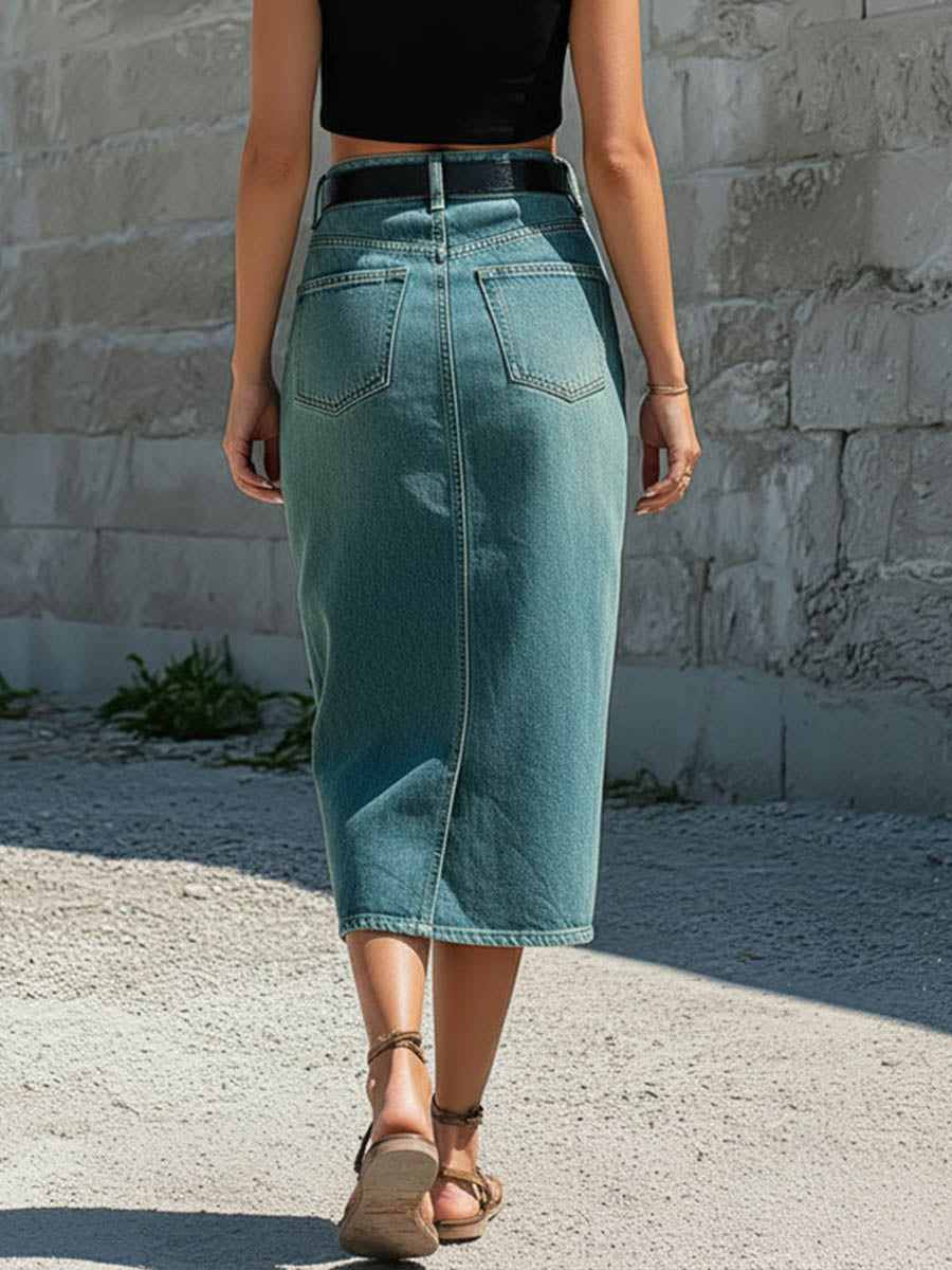 Women's High-waisted Casual Slim-fit Pencil Denim Skirt With Slit