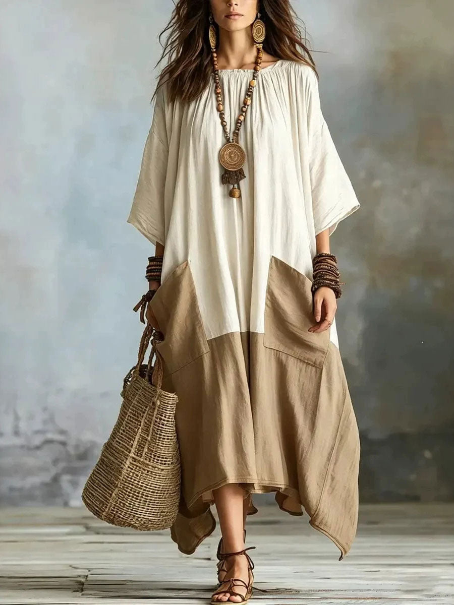 Women's Color-block Patchwork Cotton-linen Dress — Round Neck, Three-quarter Sleeves, Loose Fit