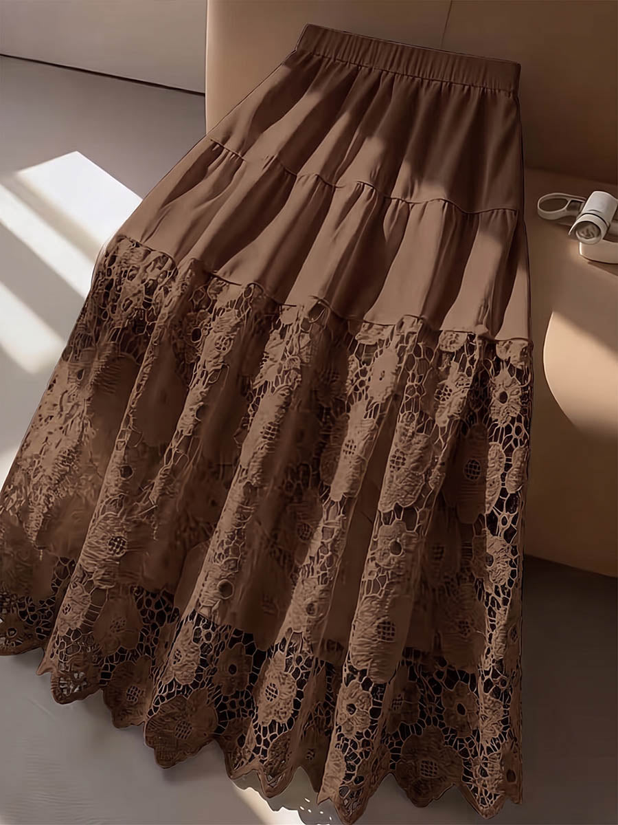 Women's Solid-color High-waisted Cotton Skirt With Embroidered Paneling