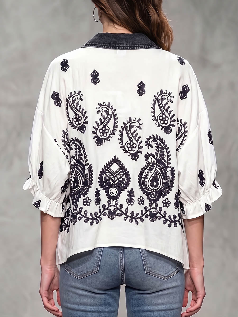 Women's Ethnic Print Cotton Top — Collared 3/4-sleeve Casual Loose Fit