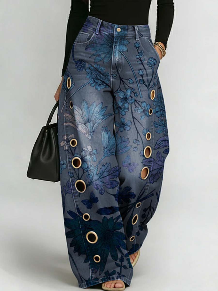 Women's Retro Floral Art Print Casual Stylish Hollow Denim Pants