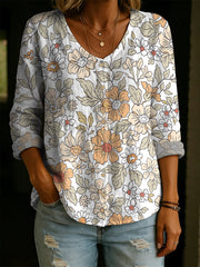 Artistic Flower Decorative Patterns Women's Long Sleeve V Collar Linen Cotton Shirt