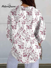 Women's Purple Watercolor Small Floral Print Casual Linen V-neck Shirt