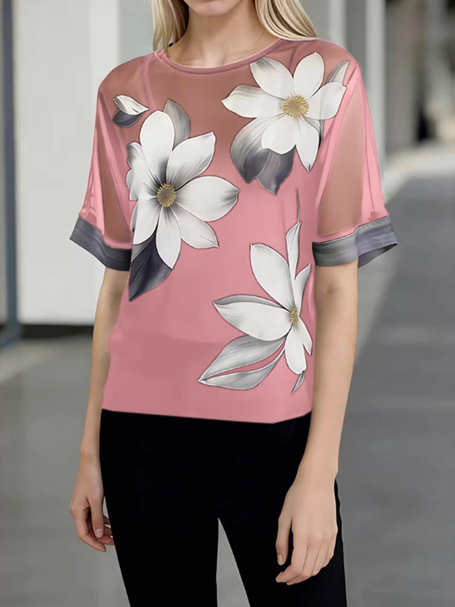 Women's Abstract Print Round-neck Short-sleeve Casual Loose Sheer Chiffon Top