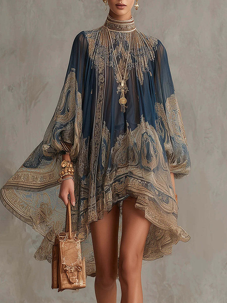 Women's Bohemian-print Chiffon High-neck Dress