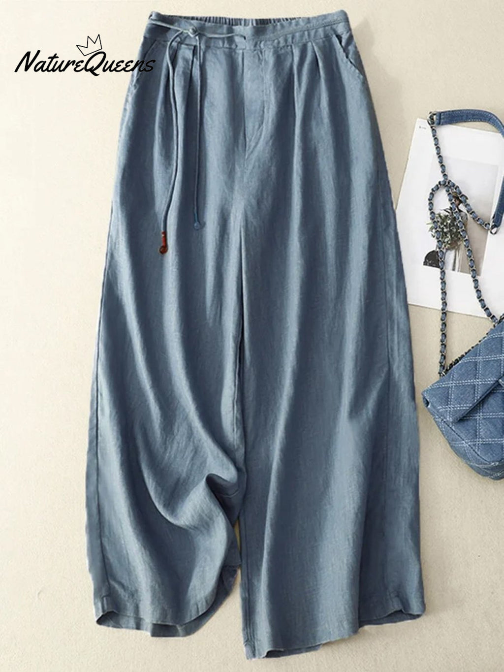 Women's Literary Solid Color Cotton and Linen Wide-leg Pants Cropped Pants