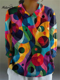 Geometric Patchwork Art Printed Women's Casual Cotton And Linen 3/4 Sleeve Shirt