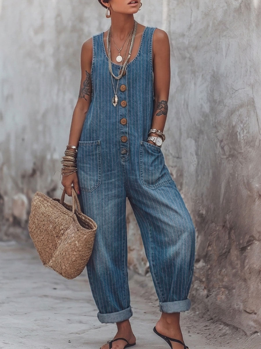 Women's Stripe Print Casual Jumpsuit