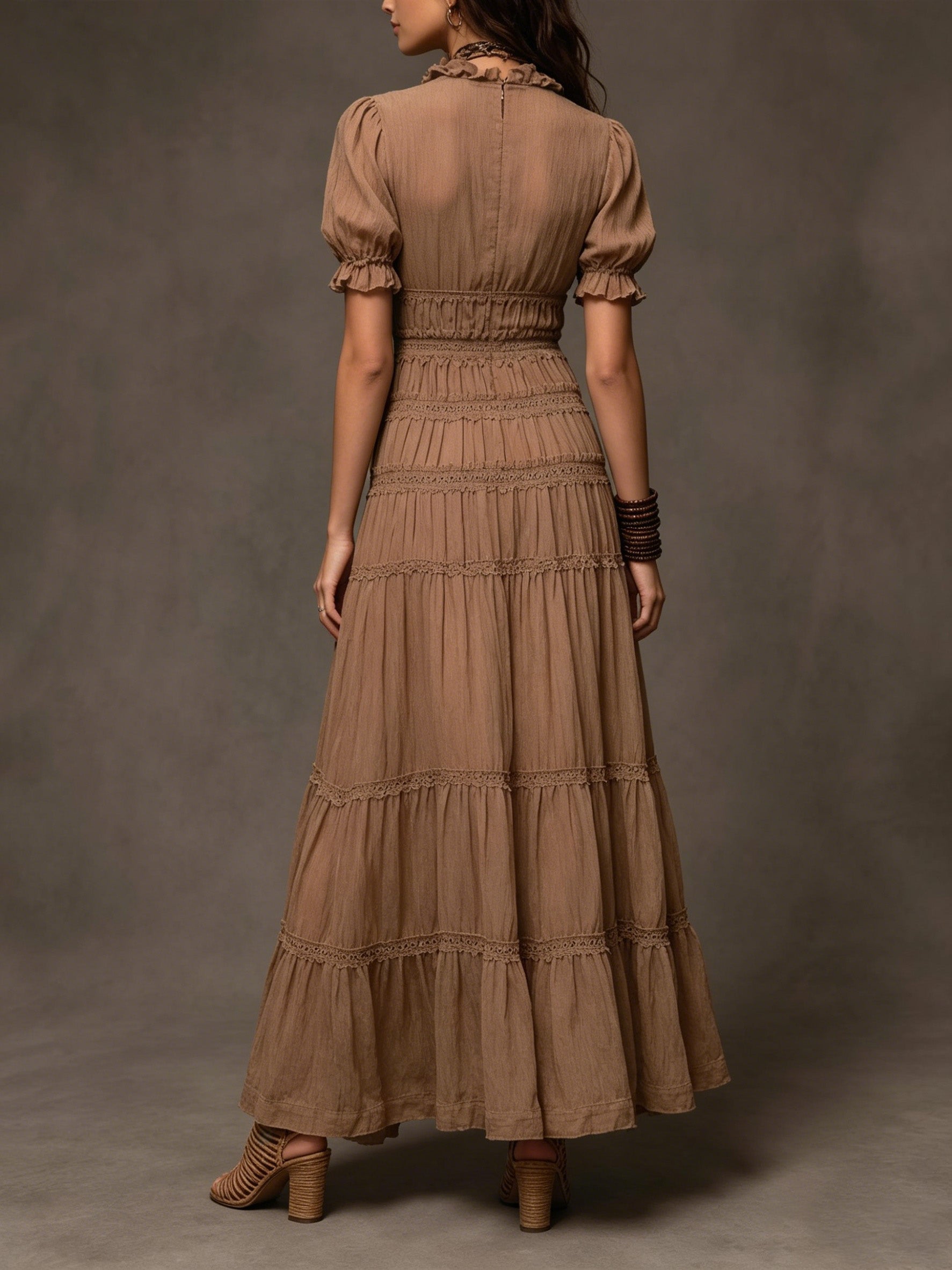 Bohemian-style Tiered Ruffle & Lace Slit Maxi Dress