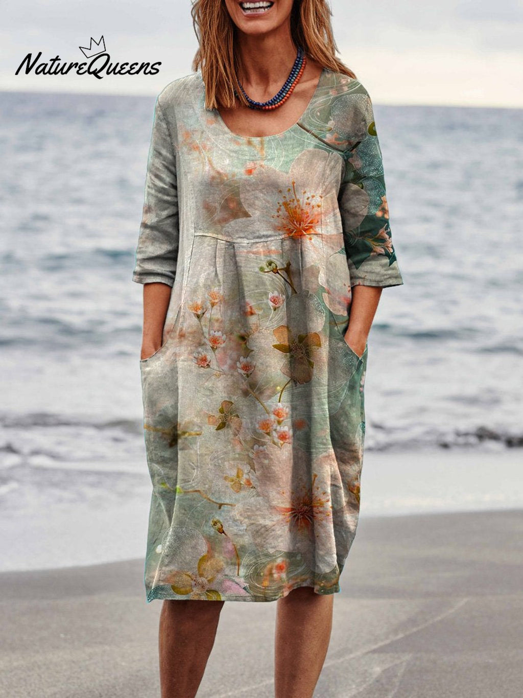 Spring Cherry Blossom Floral Close-up View Art Women's Linen Pocket Tunic Dress