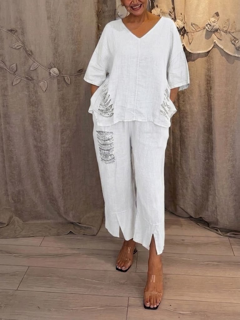 Casual Linen And Cotton Two-piece Top And Pants Set