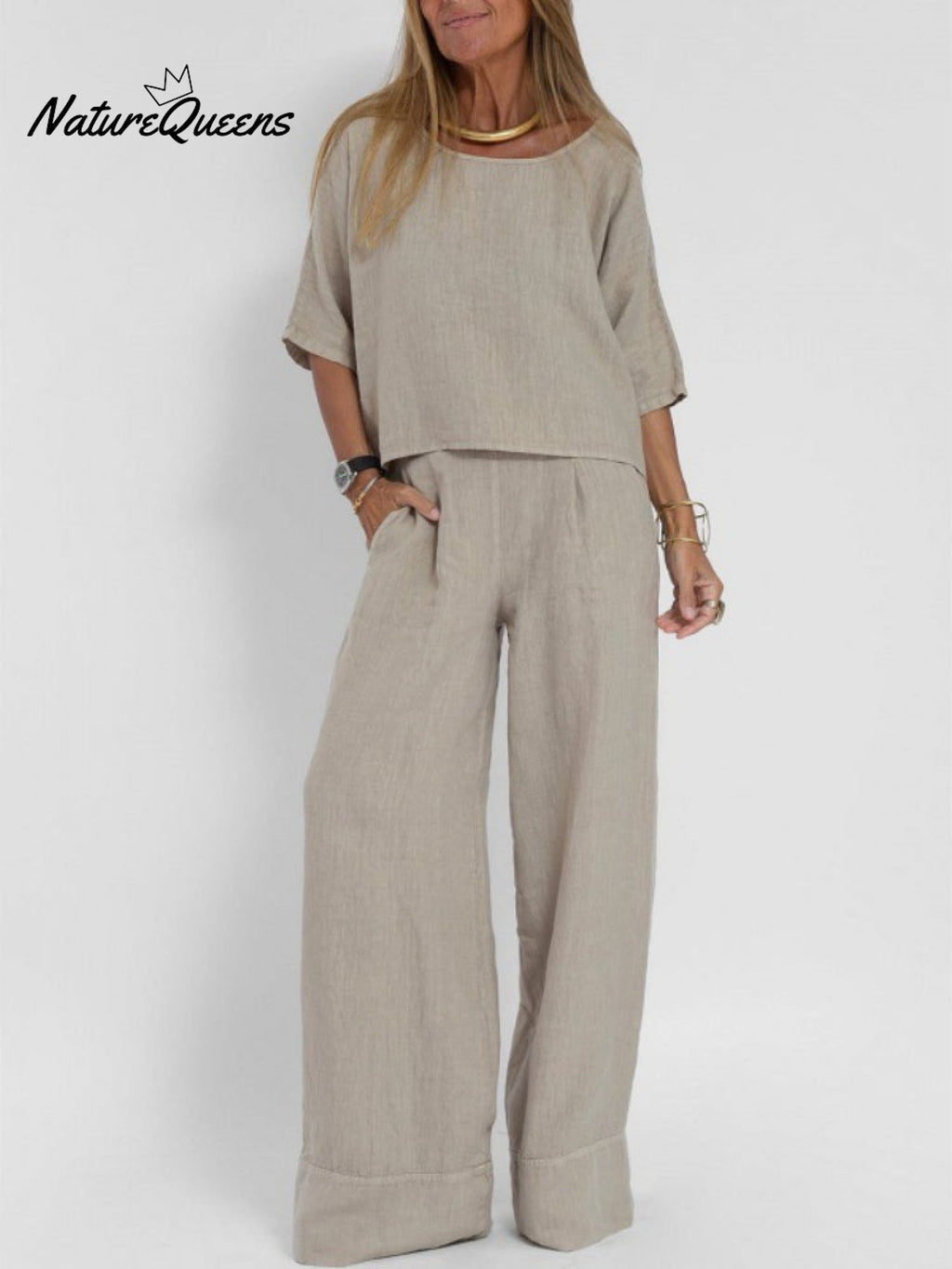 2-Piece Plus Size Casual Solid Color Short-sleeved Pants Set