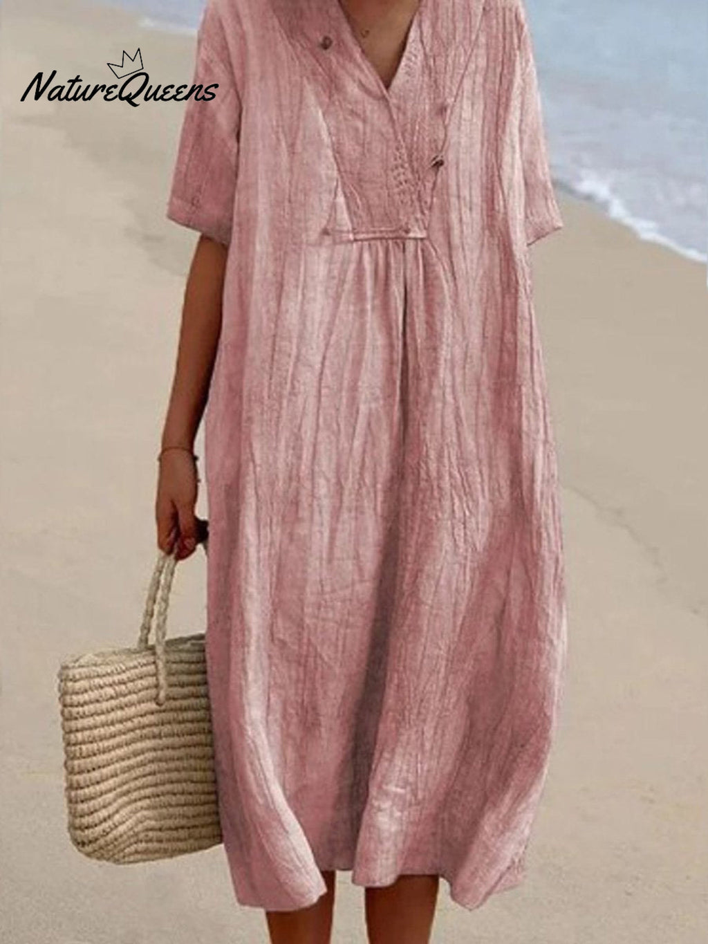 Women's Solid Color Cotton And Linen Short Sleeve Dress