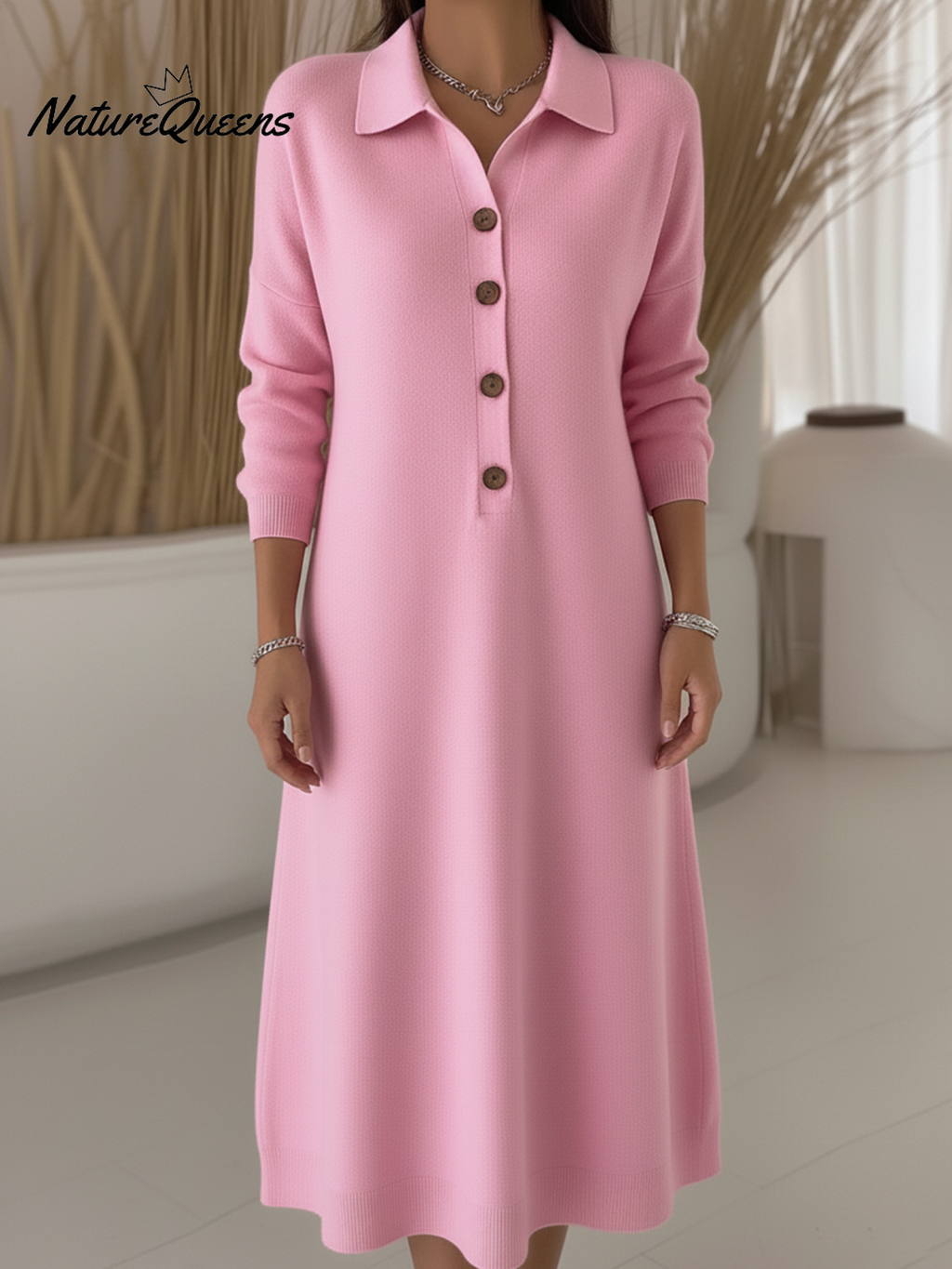 Classic Polo Collar Button Solid Color Knitted Midi Dress