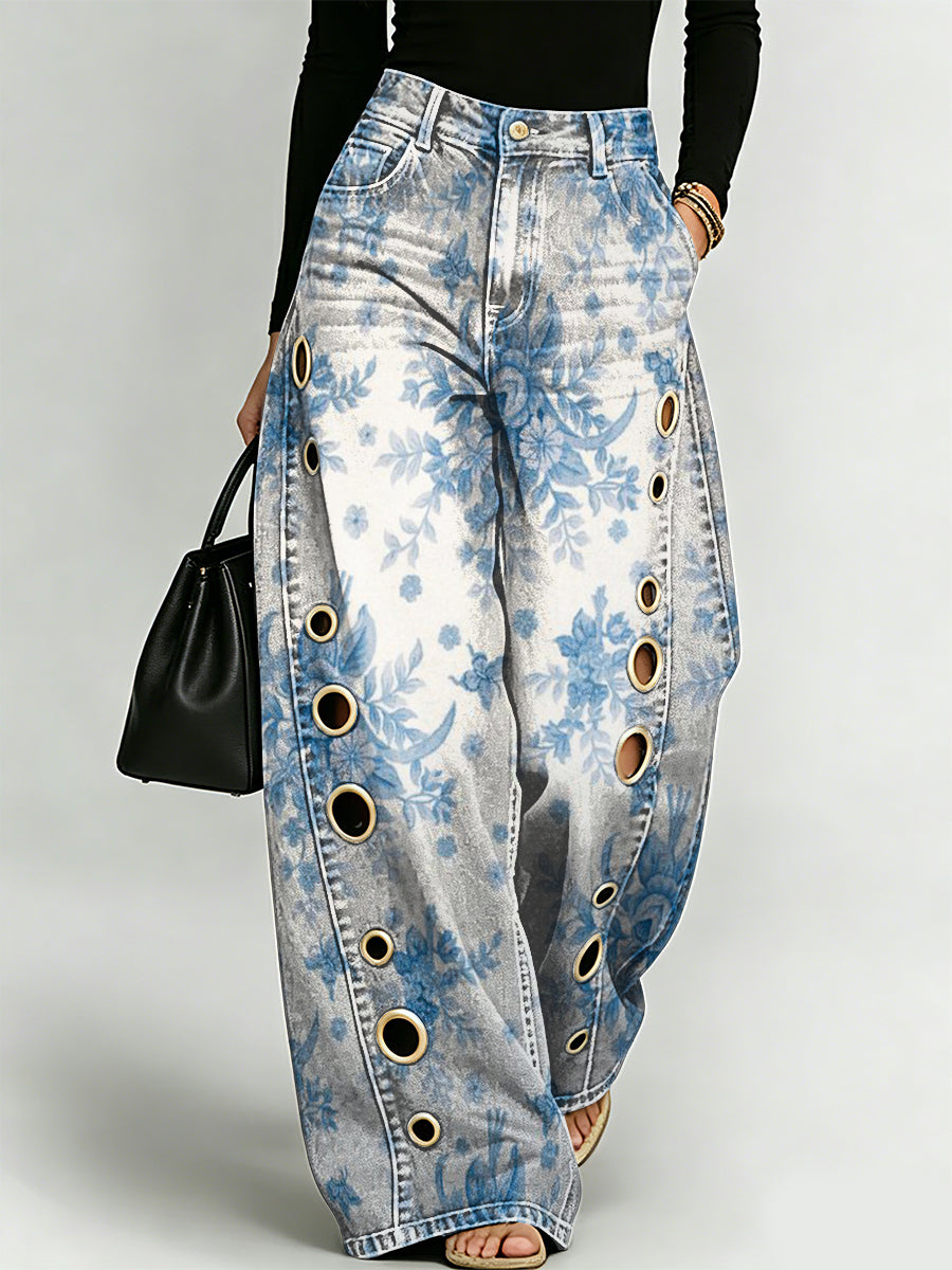 Vintage-style Elegant Floral Decorative Pattern Women's Denim Pants