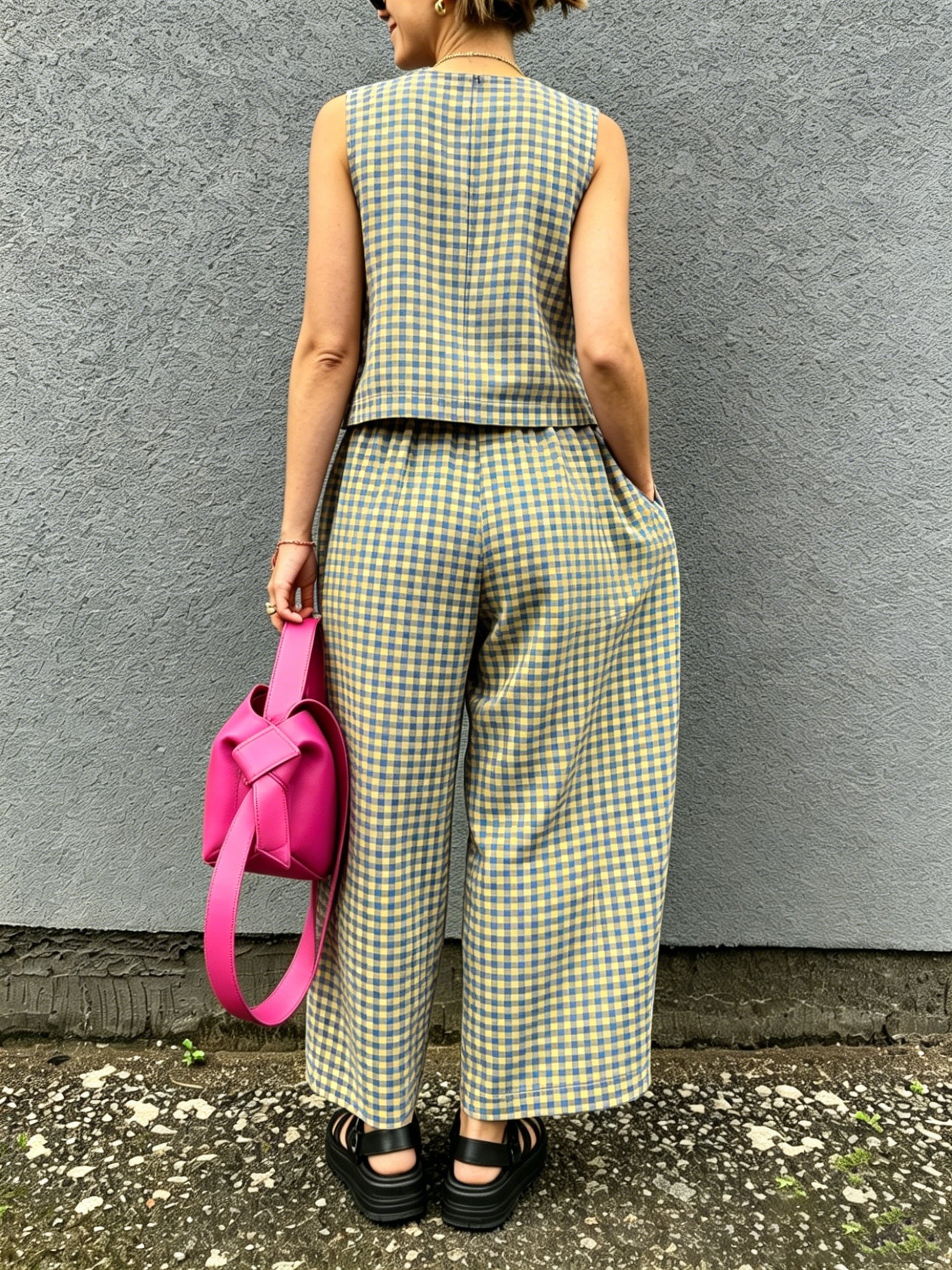 Retro Plaid Sleeveless Top& Wide-leg Pants Two-piece Set