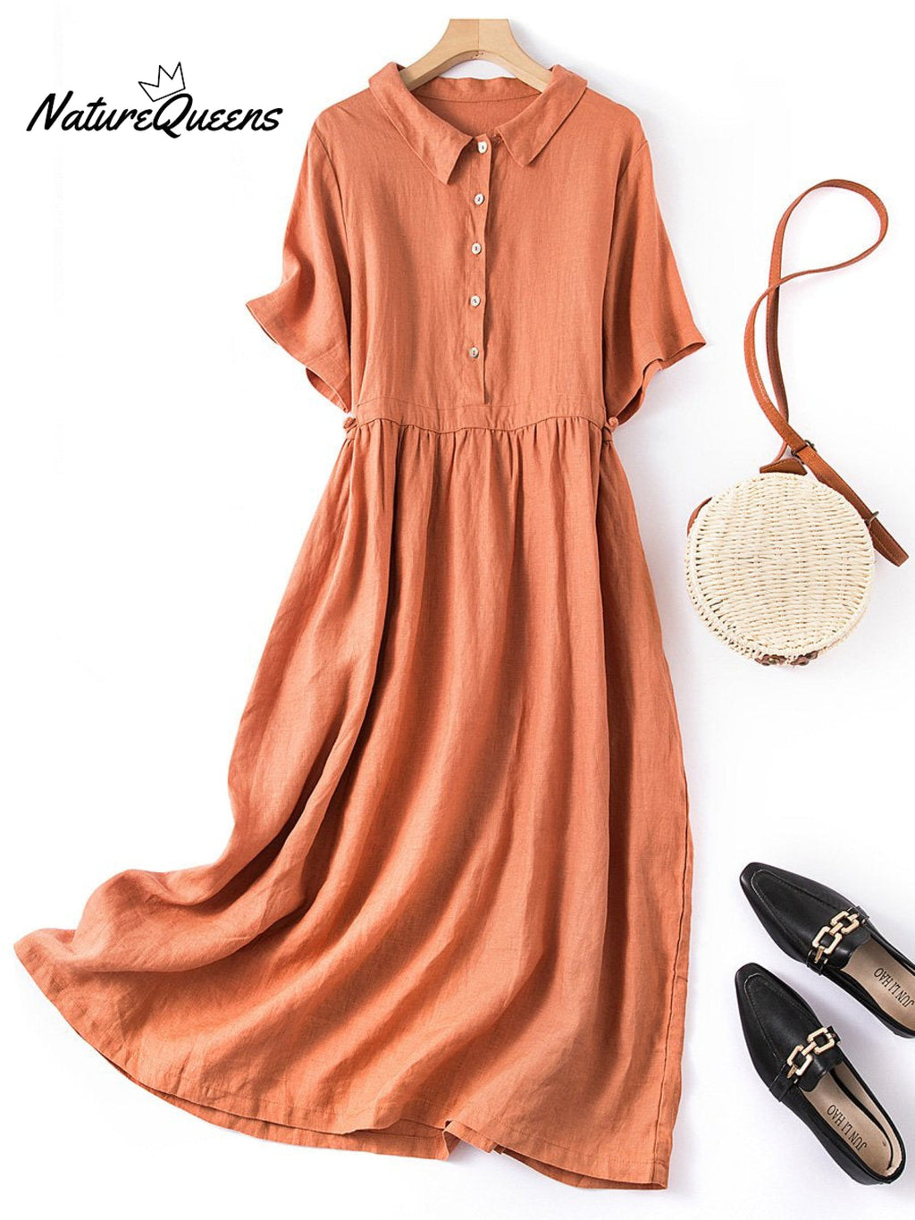 Women's Spring and Summer Short Sleeve Shirt Collar Retro Dress