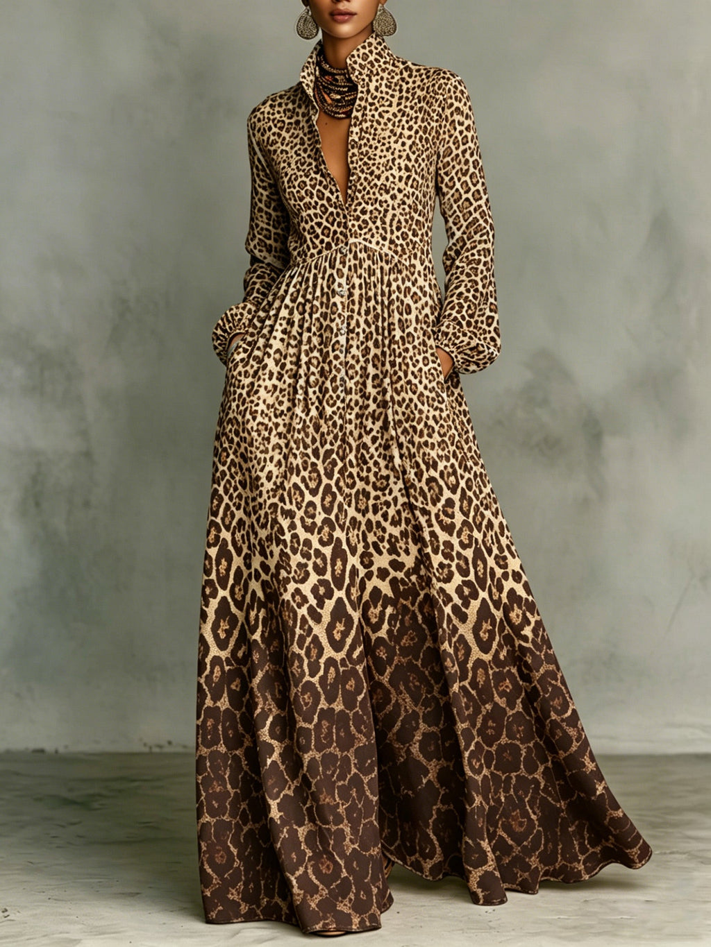 Gradient Leopard Print Stand Collar Button-down Maxi Shirt Dress