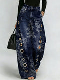 Printed Curved-leg Jeans With Metal Ring Accents
