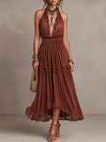 Halter-neck Deep V-neck Tiered Ruffle Chiffon Midi Dress