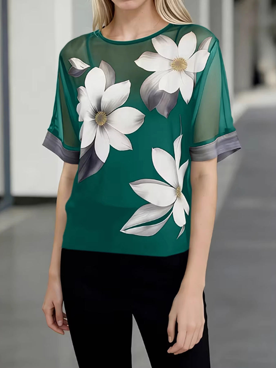 Women's Abstract Print Round-neck Short-sleeve Casual Loose Sheer Chiffon Top