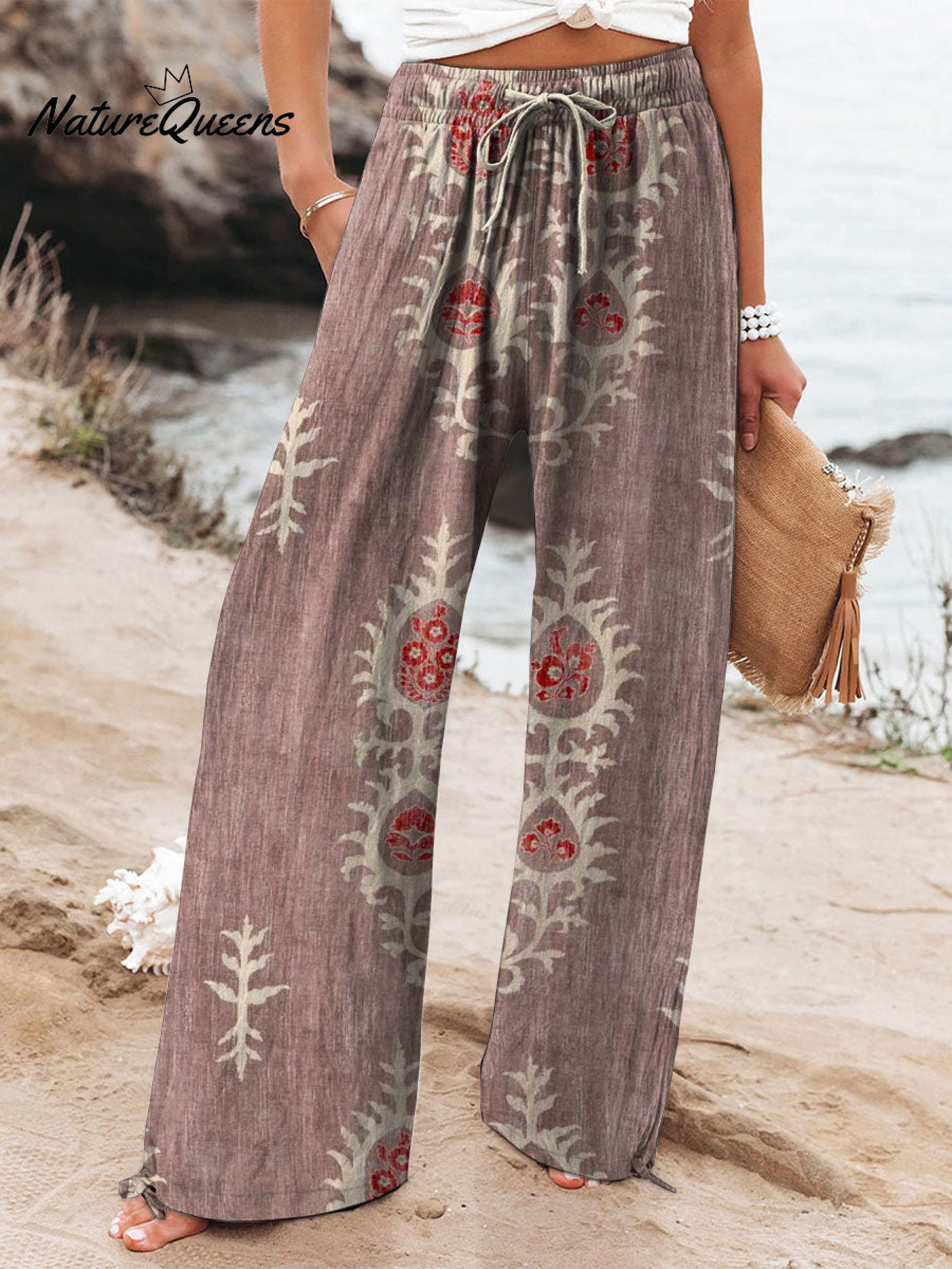 Women's Vintage Ethnic Floral Art Printed Cotton And Linen Casual Pants