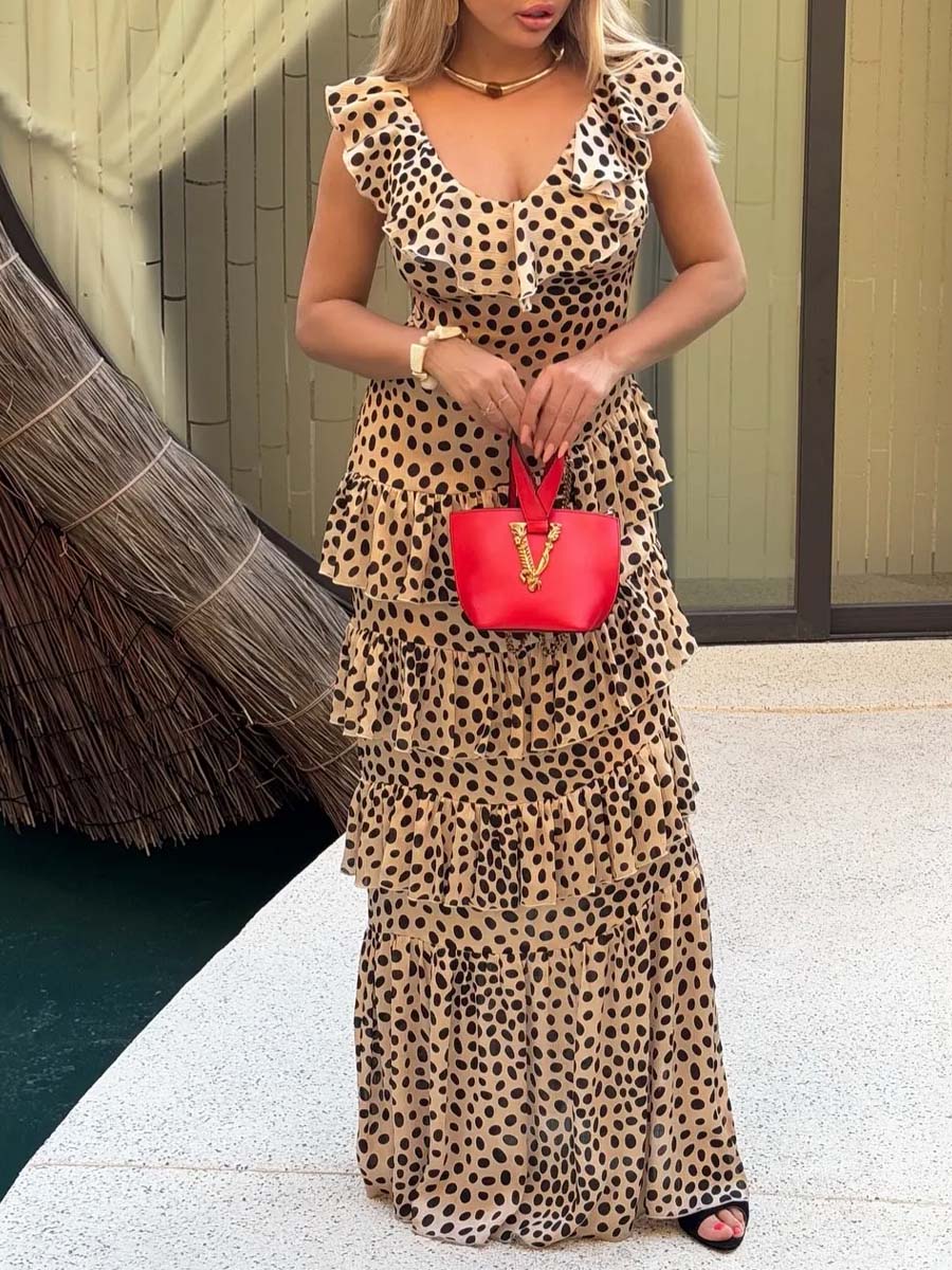 Women's Retro Polka Dot Art Casual Ruffled Stylish Fashion Long Dress