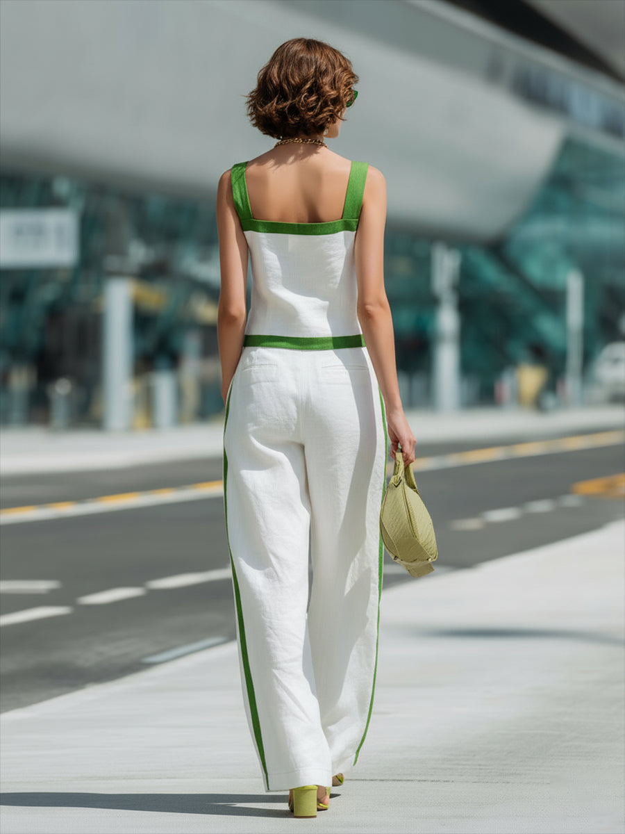 White & Green Trim Linen Cotton Square Neck Camisole & Wide Leg Pants Set