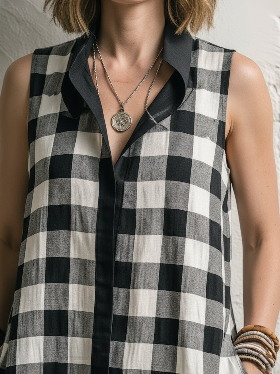 Black & White Gingham Patchwork Sleeveless Linen-cotton Shirt Dress