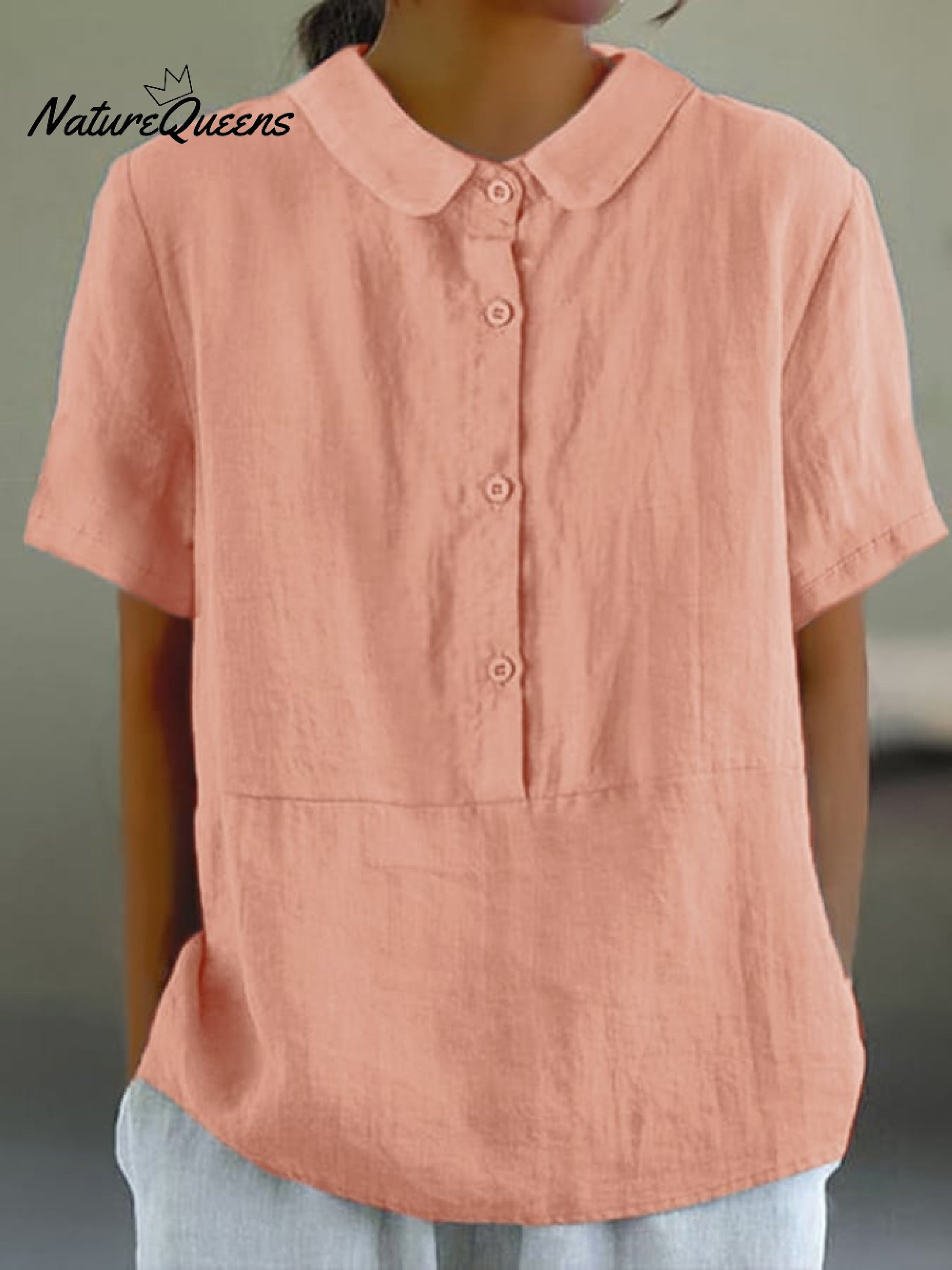 Women's Solid Color Cotton And Linen Lapel Short Sleeved Casual Blouse