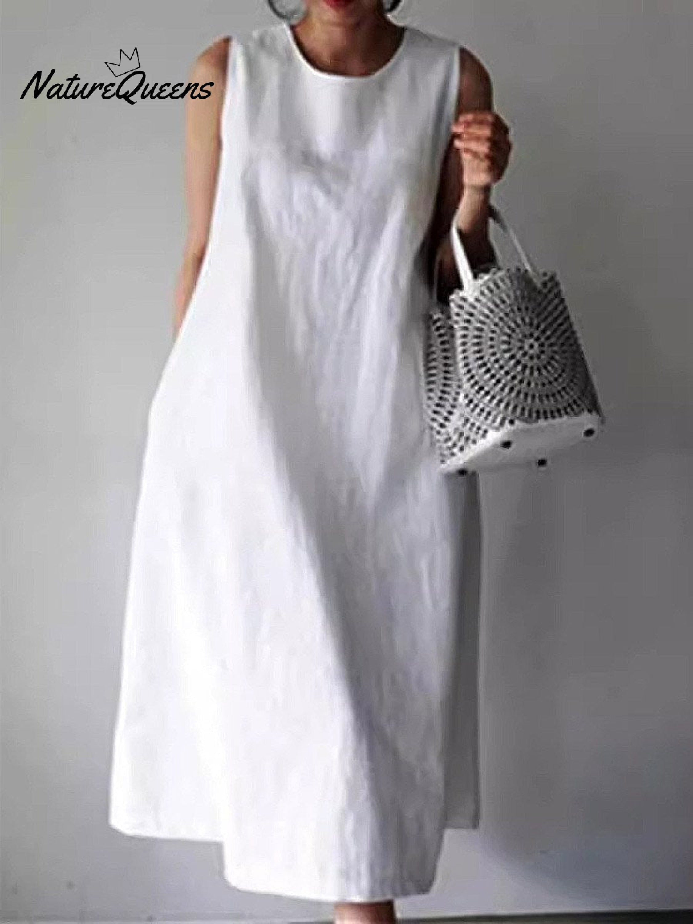 Women's Solid Color Loose Elegant Casual Sleeveless Large Size Cotton And Linen Dress