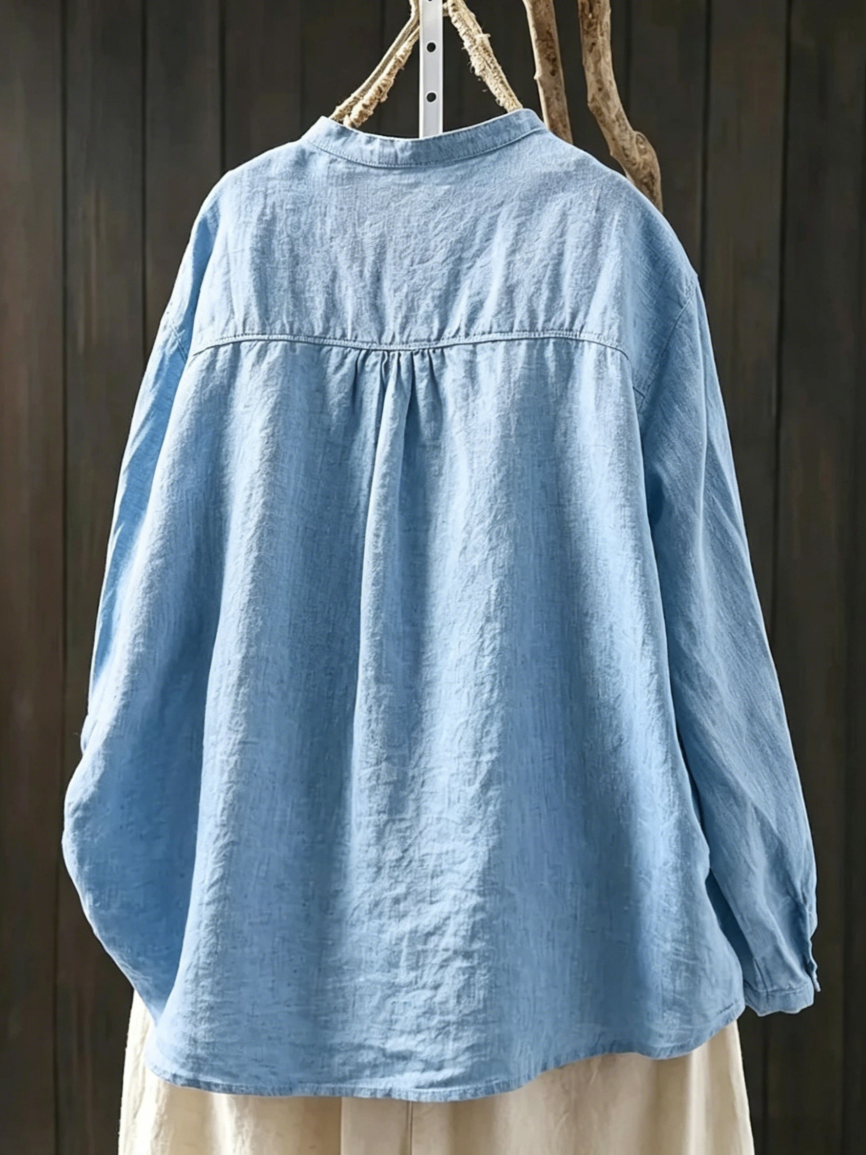 Loose-fit Cotton-linen Shirt With Stand Collar And Curved Placket